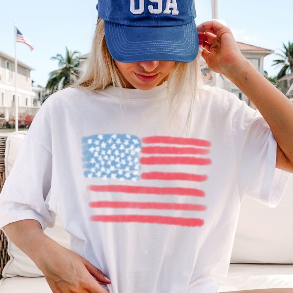 NEW Watercolor American Flag July 4th Fourth Of July Crewneck Graphic Tee Shirt